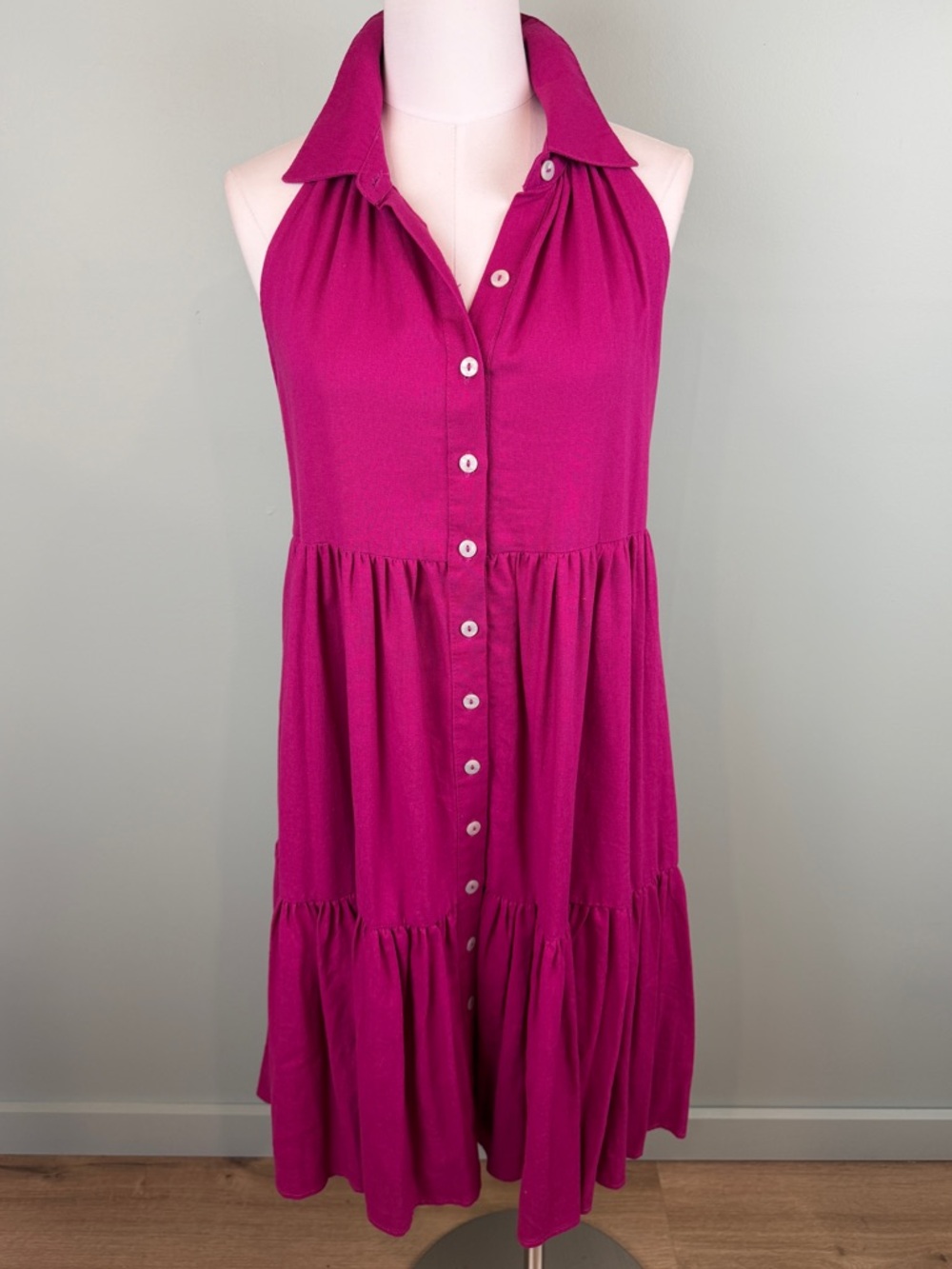 NWOT Nicole Miller Linen blend Sleeveless Button-Front Fuchsia Tiered Dress Sm.